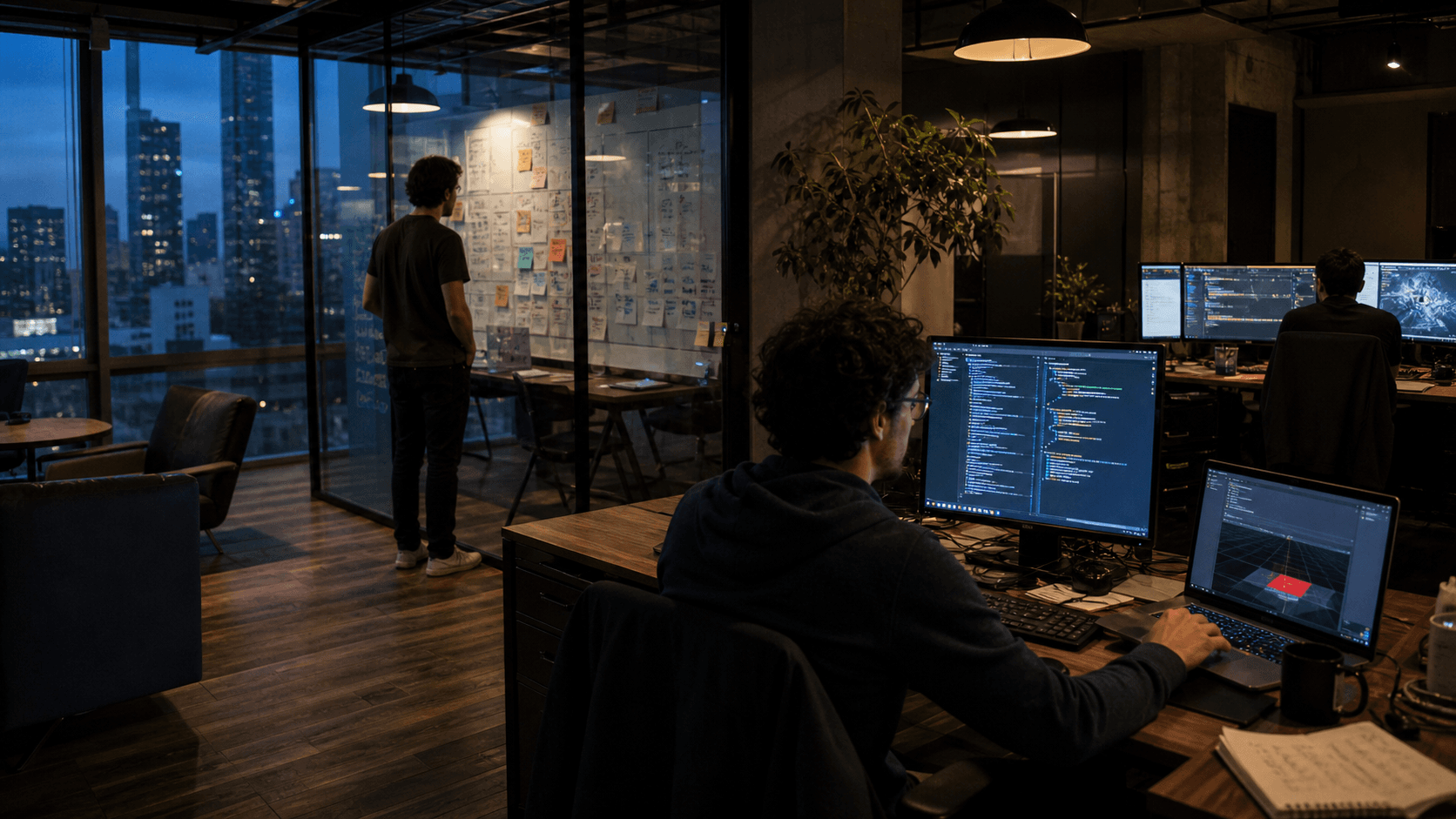 A small software team working in a blue-hour studio
