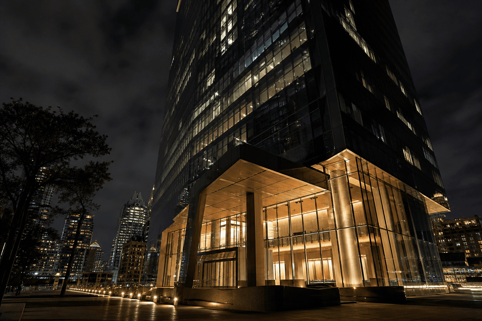 SY Dev Labs Austin studio in a modern glass tower at night