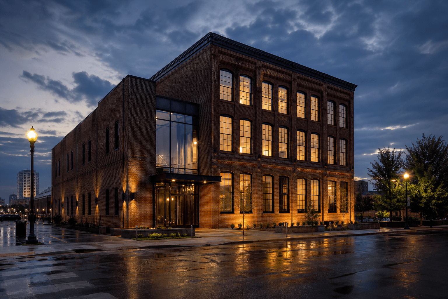 SY Dev Labs Columbus headquarters, a brick warehouse building glowing at dusk
