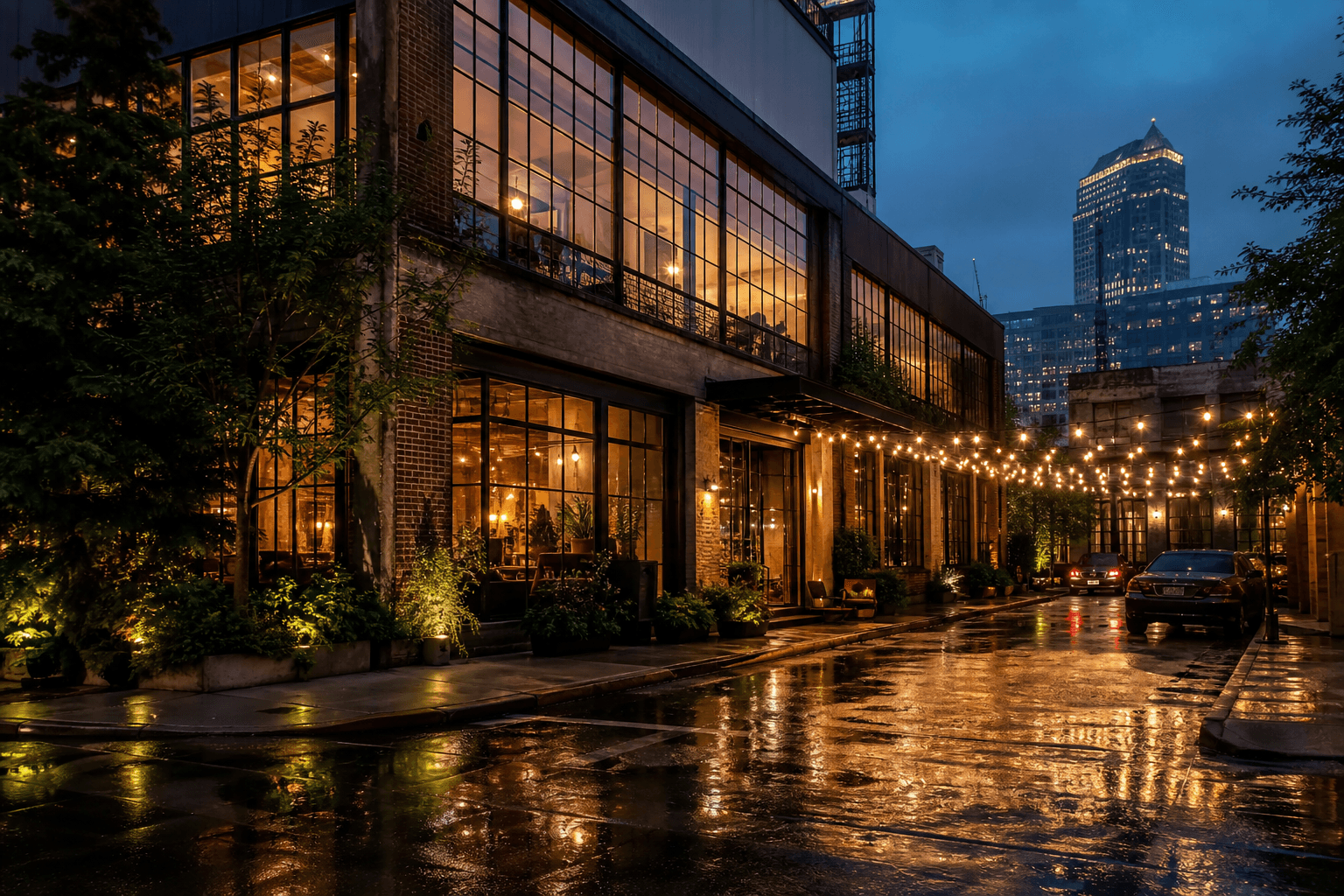 SY Dev Labs Seattle studio, a converted loft glowing on a rainy evening