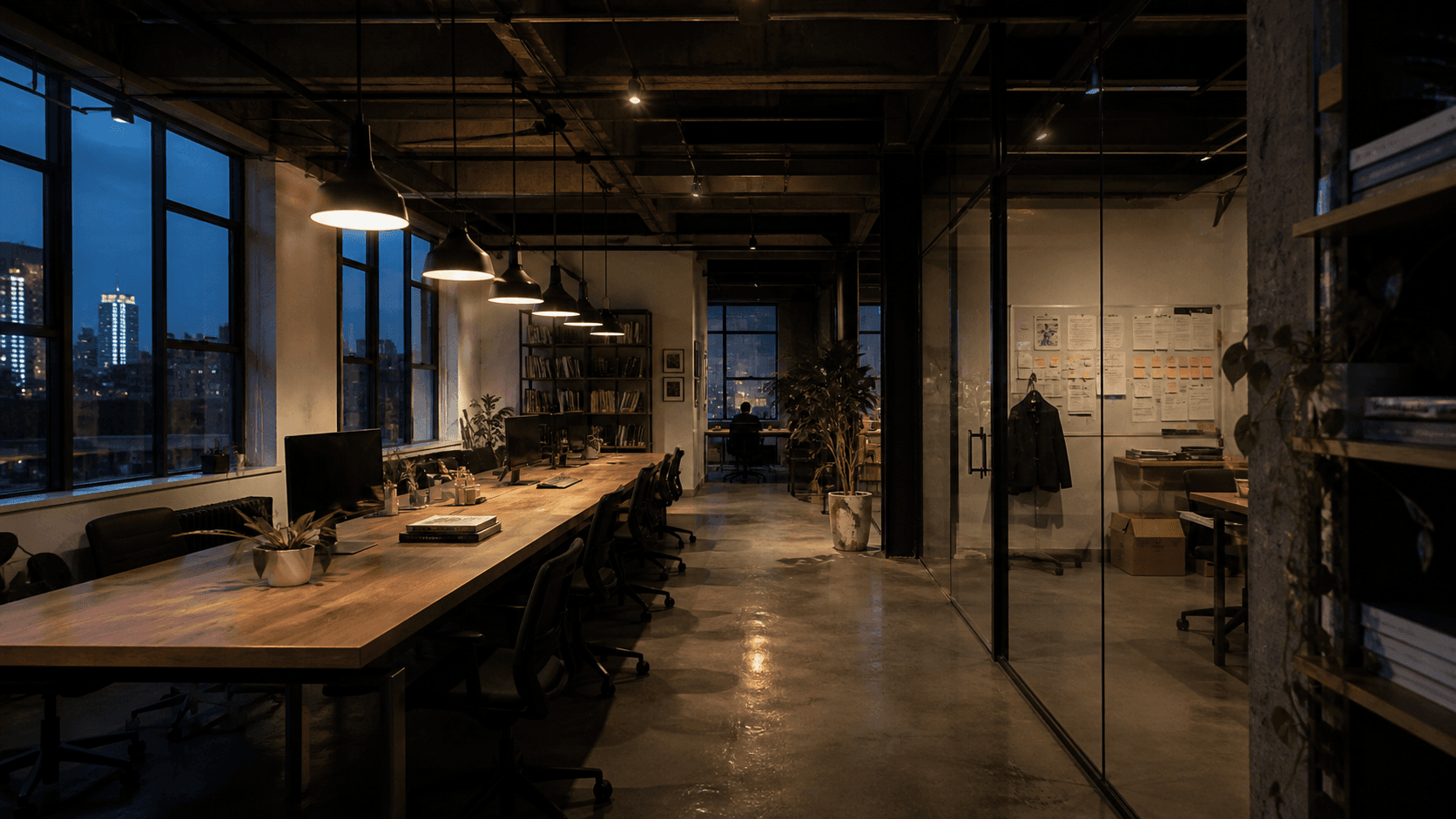 A quiet industrial software studio with long shared tables and a glass meeting room