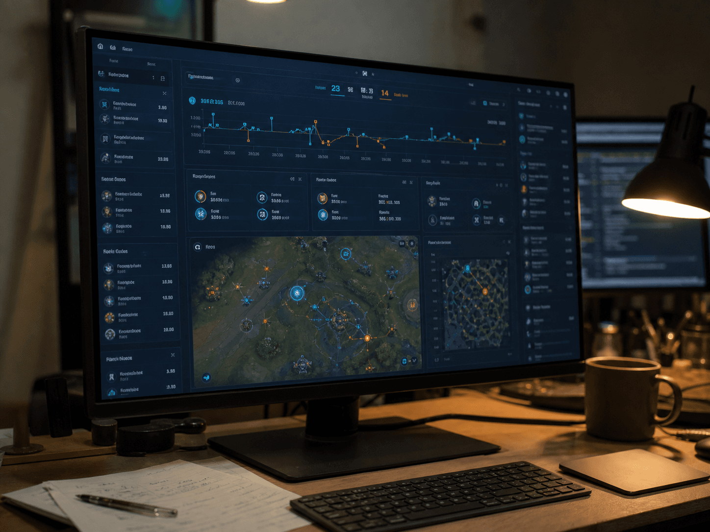 A dark game companion interface on a studio monitor