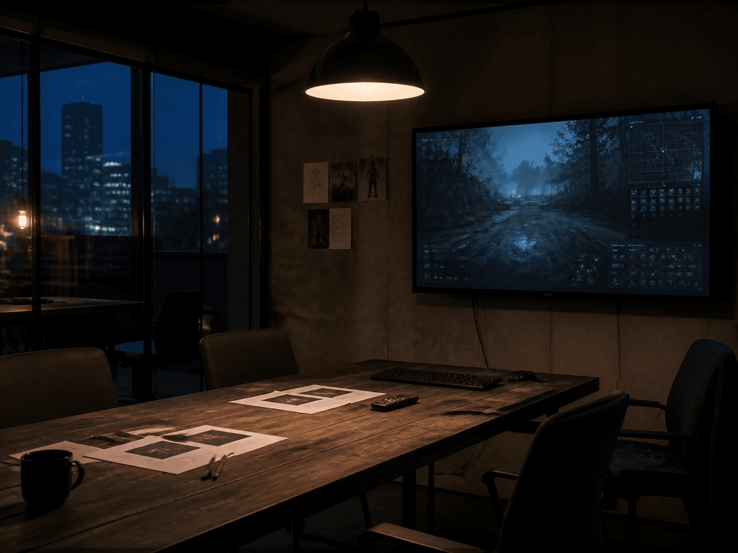 A quiet review room with a game interface on the wall