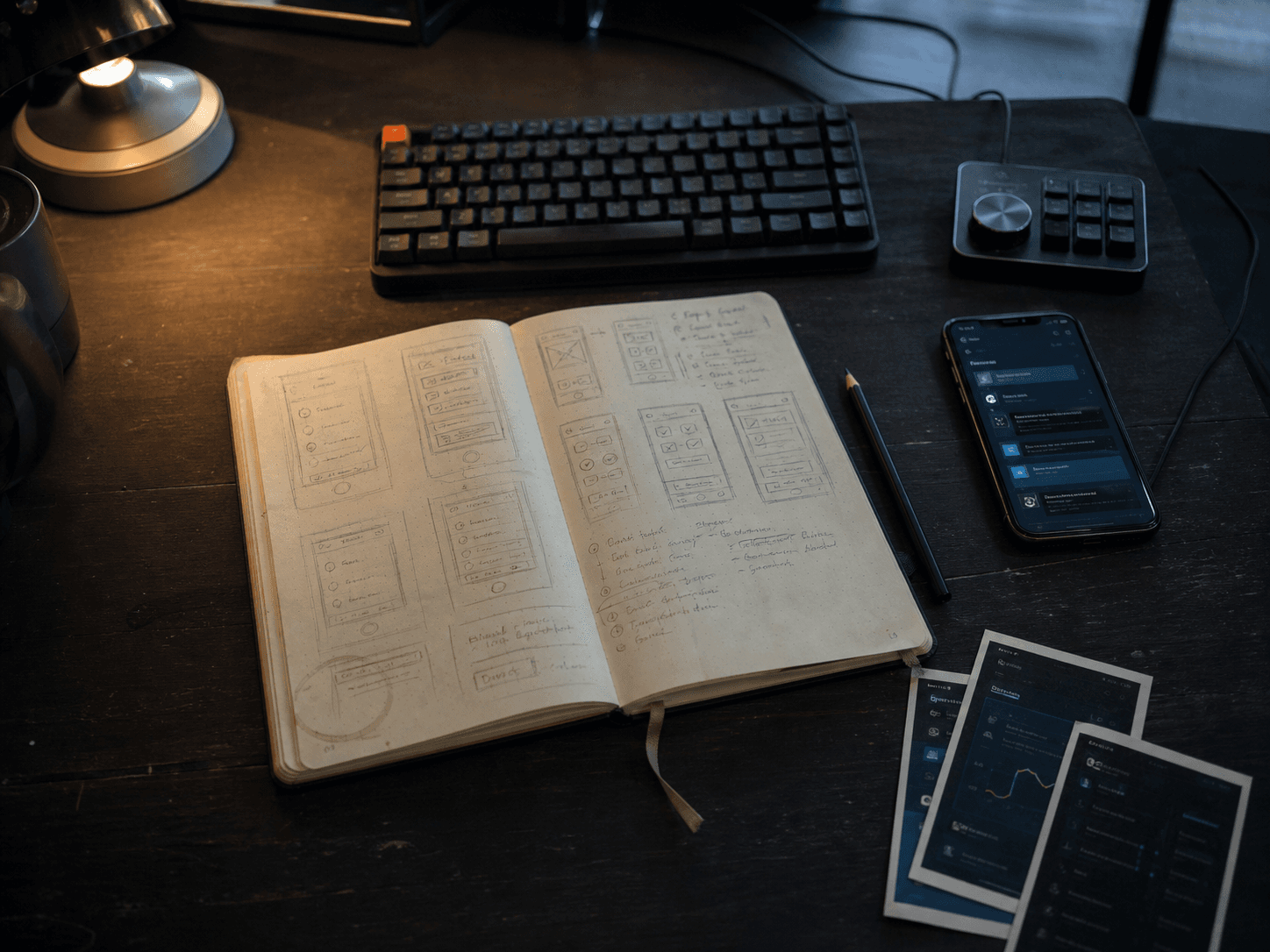 A product design workbench with wireframes and a controller