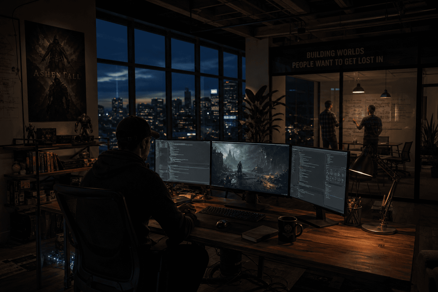 SY Dev Labs studio at night - a developer at a triple-monitor desk overlooking the city