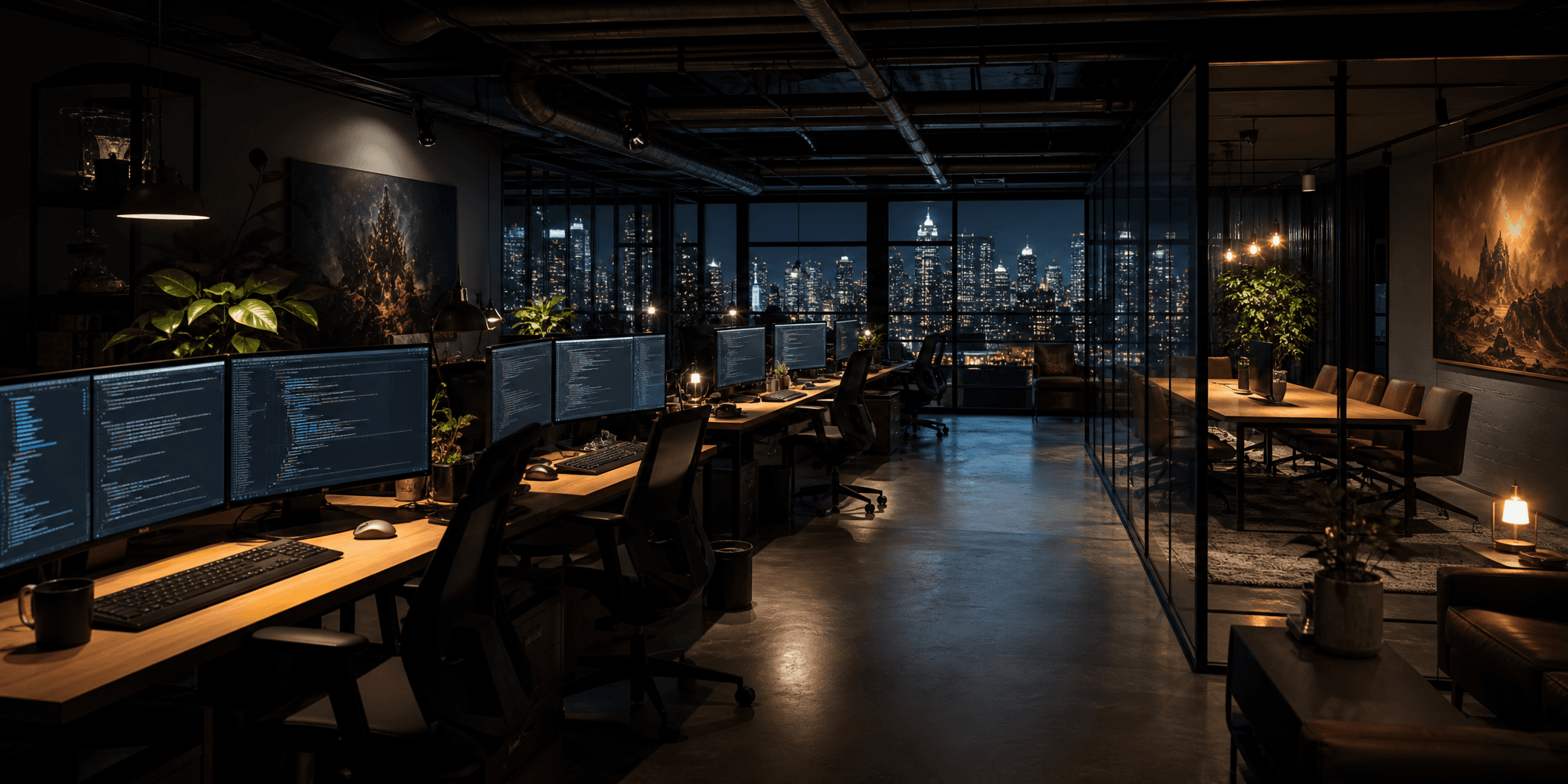 Panoramic view of the SY Dev Labs studio floor at night