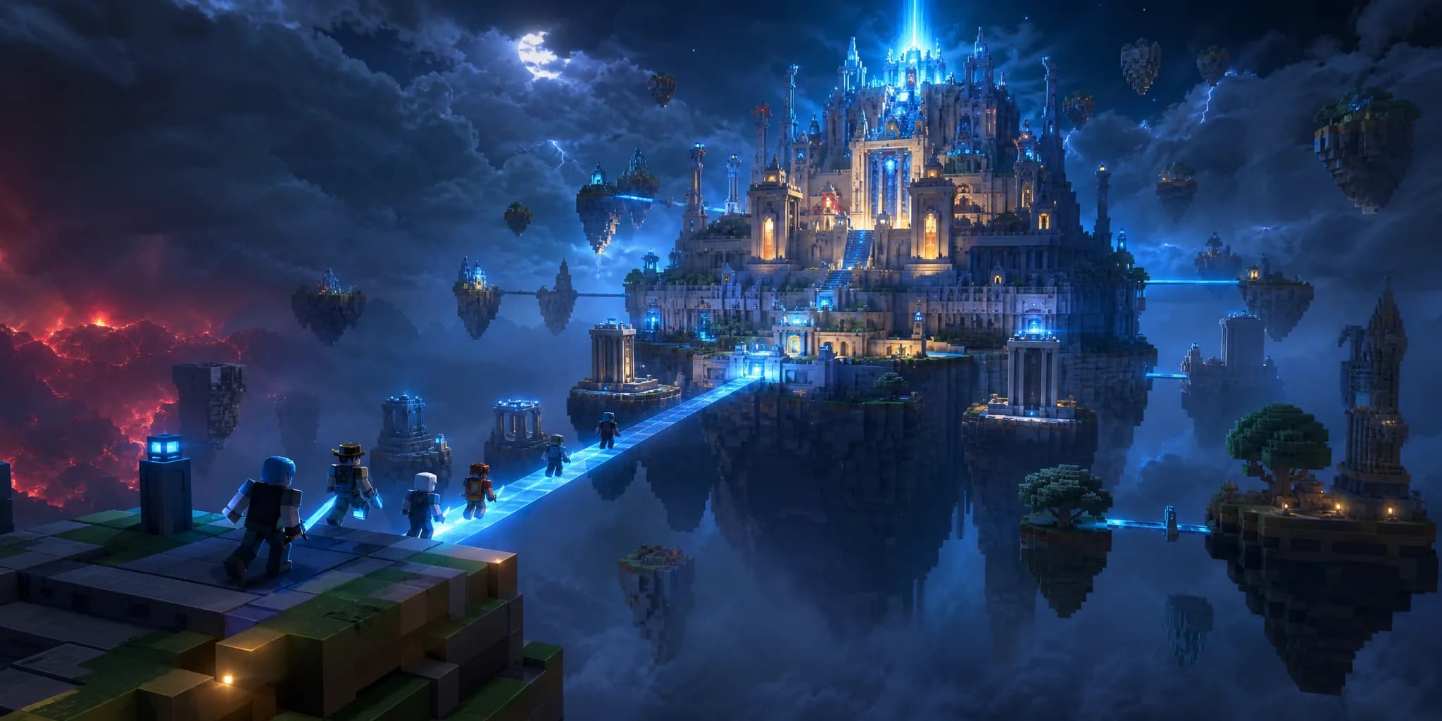 Glowing voxel citadel island with adventurers crossing a light bridge