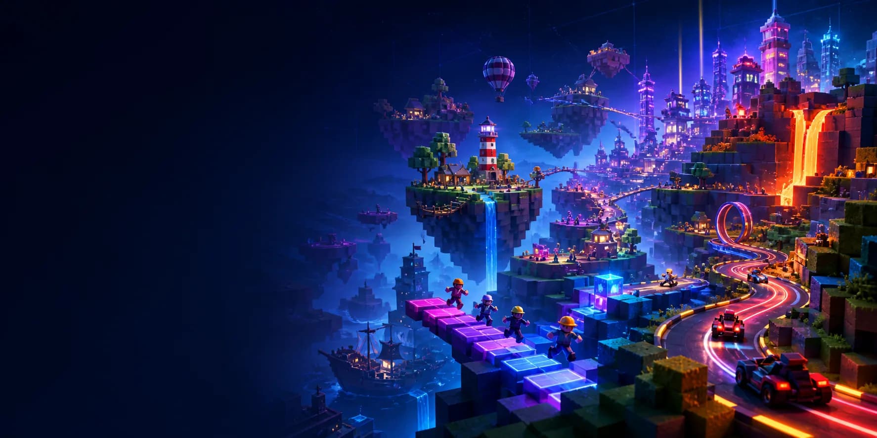 TopBlox voxel floating islands artwork with neon glow