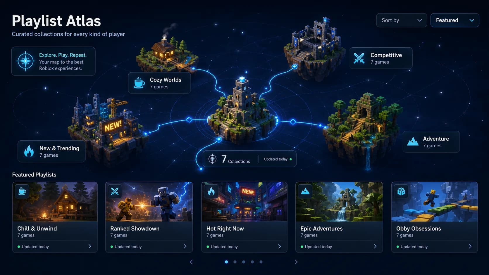 TopBlox Playlist Atlas node map of floating game islands