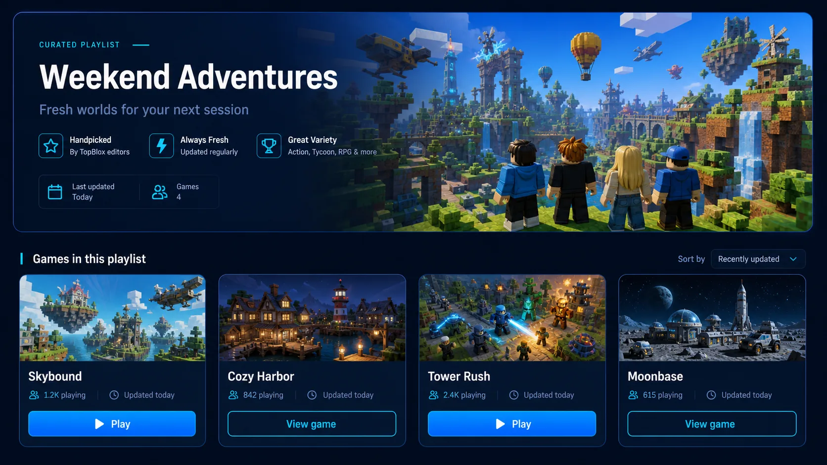 TopBlox curated playlist view with game cards