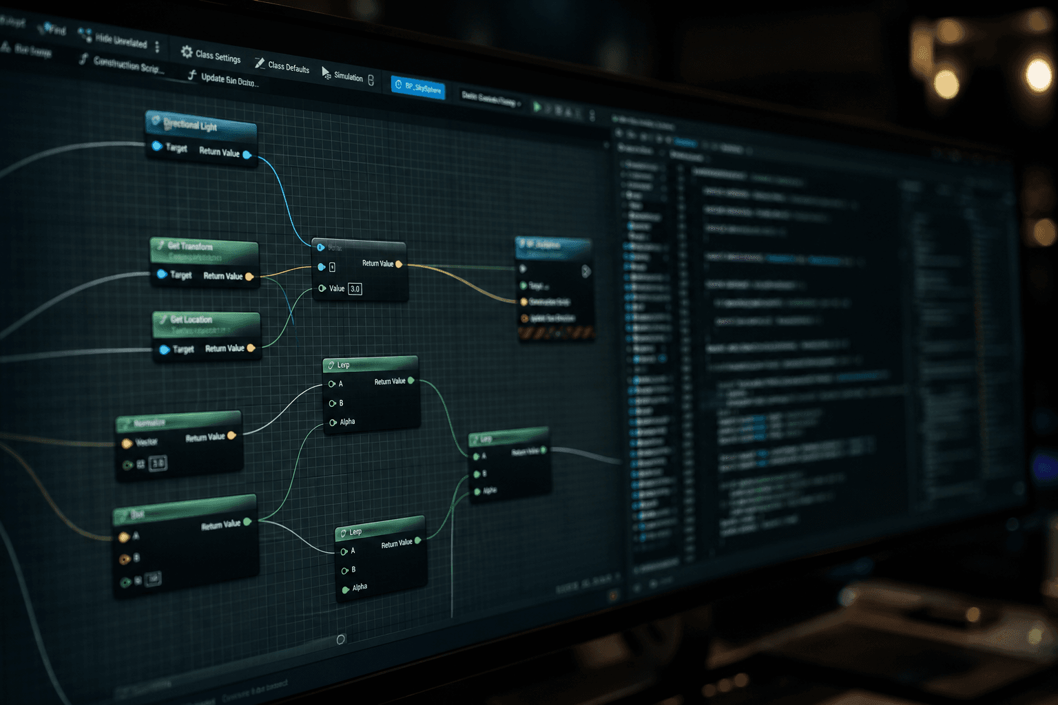 Node-graph gameplay systems editor glowing on dark monitors
