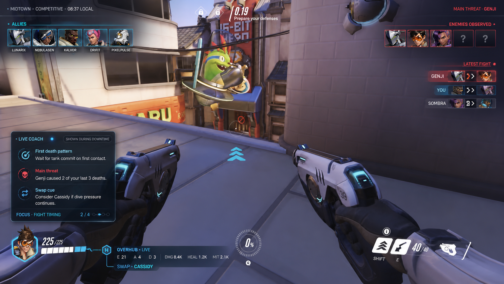 OverHub native in-game HUD over Overwatch 2 gameplay on Midtown